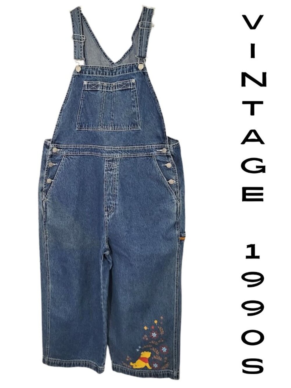DISNEY Vintage 1990s Winnie The Pooh Denim Blue Jean Capri Overalls - Women's L